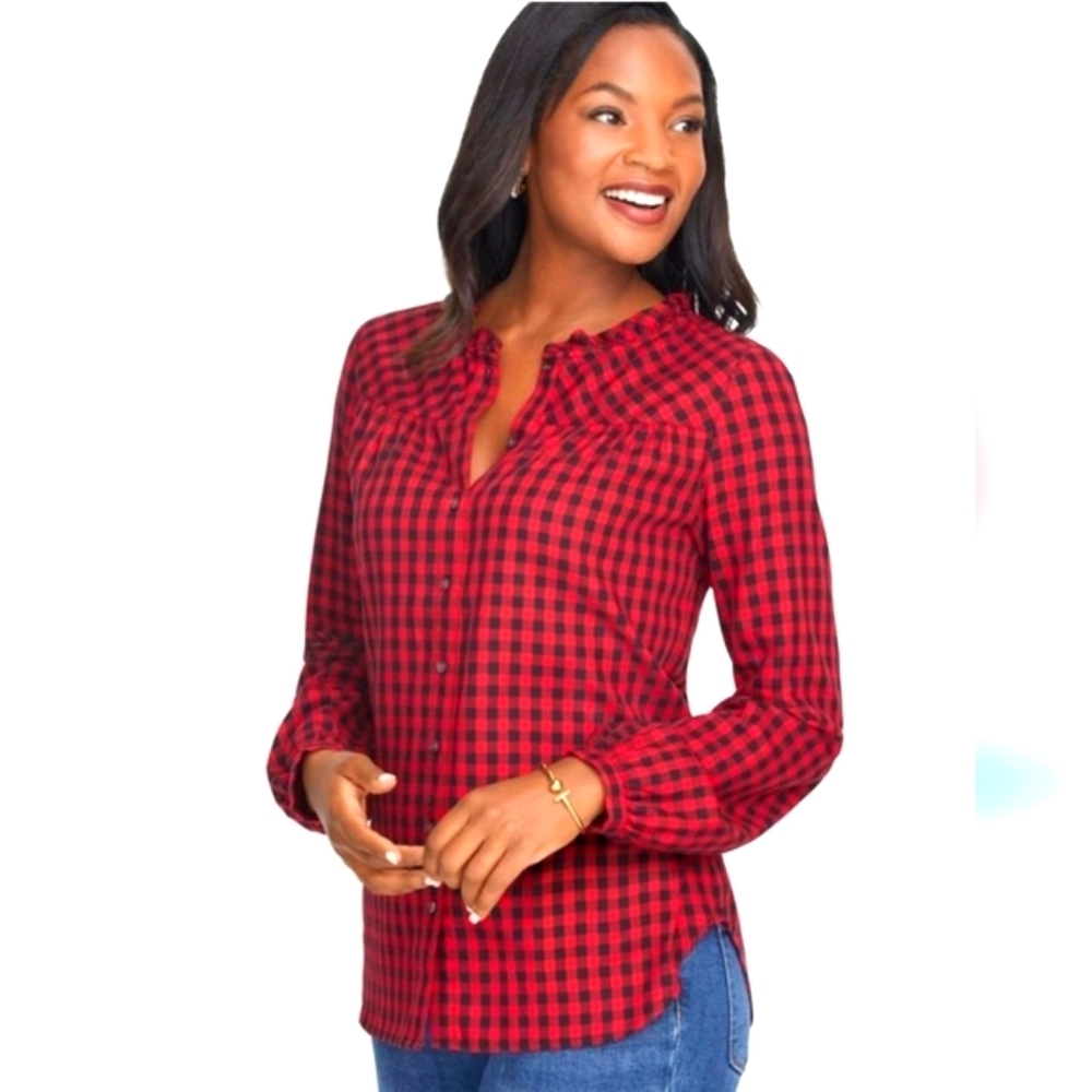 Talbots Feminine Detail Button Blouse Cotton Red &‎ Black Checked Herringbone LP